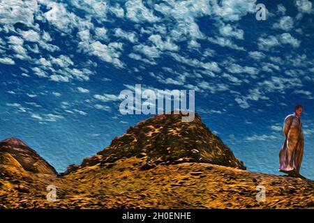Homme debout devant la Pyramide du Sahure, un bâtiment en ruines au milieu du désert, près de Saqqara, dans le centre de l'Égypte.Filtre à peinture à l'huile. Banque D'Images