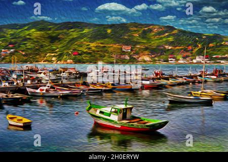 De petits bateaux de pêche amarrés dans un port d'Arraial do Cabo.Un village dans une région brésilienne d'une beauté naturelle côtière étonnante.Filtre à peinture à l'huile. Banque D'Images