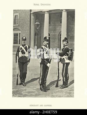 Photogrtaphe vintage de Sergent et de sapeurs, Royal Engineers de l'armée britannique, uniforme militaire, victorien du XIXe siècle Banque D'Images