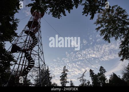 Silhouette de la tour d'observation de Büchenbronn avec escalier sinueux encadré d'arbres à Pforzheim, en Allemagne. Banque D'Images