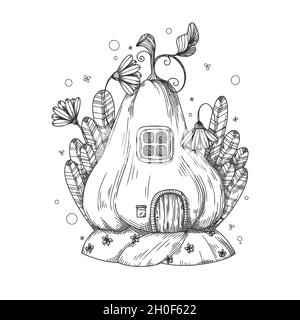 Esquisse d'une fantastique maison de citrouille.Maison de gnome de citrouille.Illustration vectorielle. Illustration de Vecteur