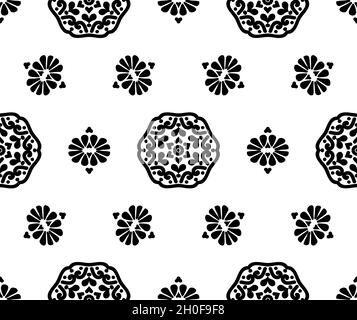 Mandala noir et fleurs sur fond blanc.Motif fleuri abstrait sans couture.Texture décorative.Noir et blanc.Pour tissu, papier peint Illustration de Vecteur