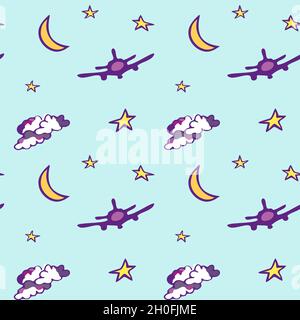 Motif sans couture avec lune, étoiles, avion et nuages.Arrière-plan Agua. Illustration de Vecteur
