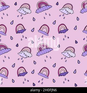 Motif sans couture avec arc-en-ciel, pluie et nuages. Illustration de Vecteur