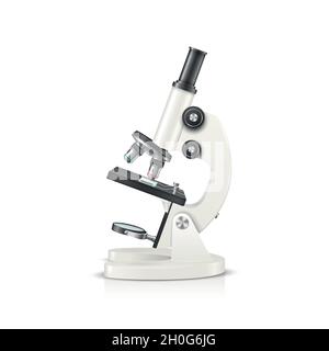 Microscope de laboratoire Vector 3d Realistic White isolé sur blanc.Chimie, outil de biologie.Science, Laboratoire, recherche, Infographie de l'éducation.Conception Illustration de Vecteur