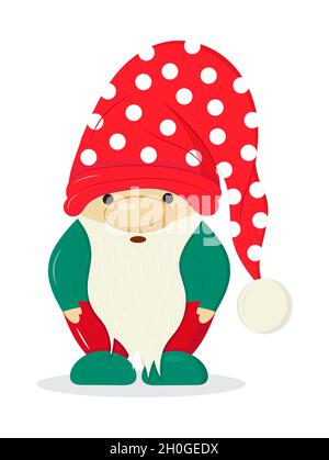 Statue de gnome de jardin.Vecteur nain.Noël, illustration d'aide de la fée du Père Noël.GNOME avec barbe en style dessin animé.Personnage Leprechaun dans un chapeau rouge. Illustration de Vecteur