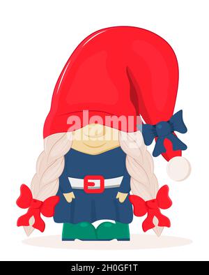 Statue de gnome de jardin.Vecteur nain.Noël, illustration d'aide de la fée du Père Noël.GNOME avec barbe en style dessin animé.Personnage Leprechaun dans un chapeau rouge. Illustration de Vecteur