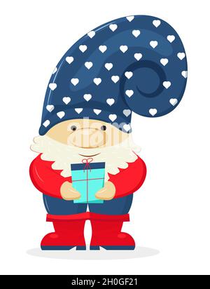 Statue de gnome de jardin.Vecteur nain.Noël, illustration d'aide de la fée du Père Noël.GNOME avec barbe en style dessin animé.Personnage Leprechaun dans un chapeau rouge. Illustration de Vecteur