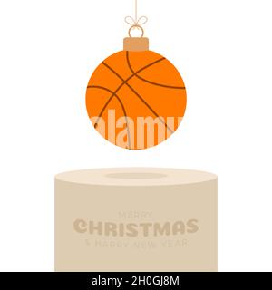 Pied de boule de Noël de basket-ball.Carte de vœux de sport Joyeux Noël.Accrochez-vous sur un ballon de basket-ball en forme de balle de Noël sur un podium doré sur un b blanc Illustration de Vecteur
