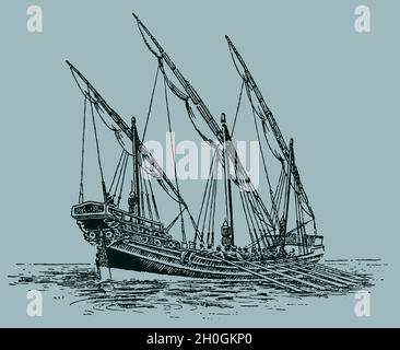 Ancienne cuisine méditerranéenne sur mer, sur fond bleu-vert clair Illustration de Vecteur