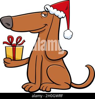 Illustration de dessin animé du personnage animal de chien avec cadeau à l'heure de Noël Illustration de Vecteur