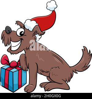 Illustration de dessin animé de l'animal de chien heureux avec le présent à l'heure de Noël Illustration de Vecteur