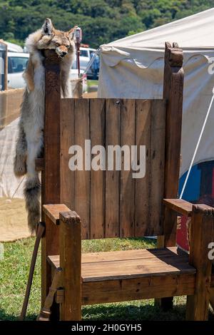 Une peau d'animal exposée sur une réplique d'une chaise viking en bois par une troupe de reconstitution lors d'une foire du village Banque D'Images