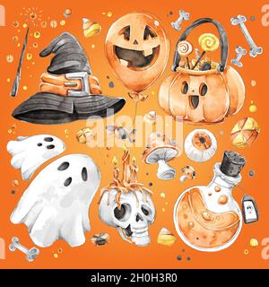 aquarelle halloween cute element collection dessin vectoriel Illustration de Vecteur
