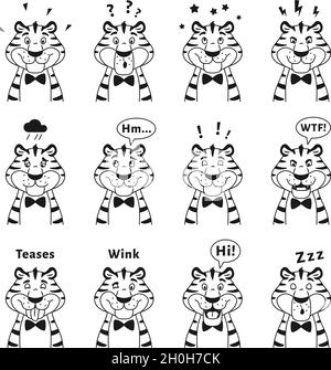 Jeu de portraits amusants de tigres en noir et blanc. Illustration de Vecteur