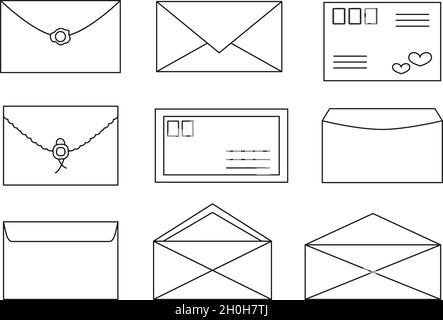 Contour de la ligne d'enveloppe avec jeu de courrier et de cartes postales avec timbres de poste, cire d'étanchéité.Collection de modèles d'ouverture et de fermeture de lettres pour le site Web avec élément.Style plat.Illustration vectorielle Illustration de Vecteur