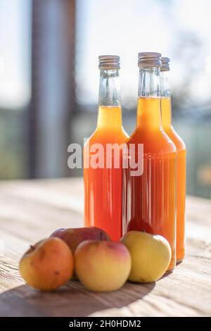 Jus de pomme naturellement nuageux, fait maison dans une bouteille de jus avec des pommes à la lumière de l'automne Banque D'Images