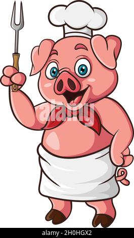 Un chef de porc de dessin animé tenant une fourchette Illustration de Vecteur