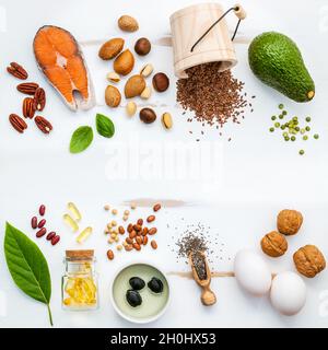 L'alimentation sélection sources d'oméga 3 . Super aliment riches en oméga 3 et acides gras insaturés pour alimentation saine. ,Amandes Noisettes Noix de pécan ,,huiles d'olive, poisson, Banque D'Images