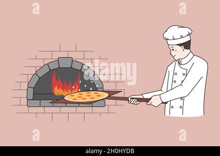 Le chef cuisinier cuisinier cuisinier cuisne la pizza que dans un four en pierre du restaurant.Le sourire pizzéiolo mâle prépare un savoureux plat ou un repas rapide italien.Cuisine de Pizzaman dans la pizzeria.Manger dehors, livraison.Illustration vectorielle plate. Illustration de Vecteur