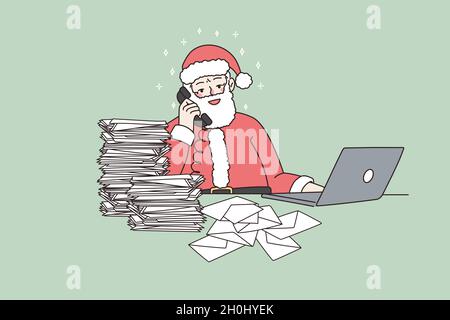 Le Père Noël moderne au bureau parler au téléphone répondre papier lettres travailler sur ordinateur.Noël vieux père parlez avec des enfants en ligne, en utilisant un ordinateur portable et le téléphone.Nouvelle année.Illustration vectorielle plate. Illustration de Vecteur