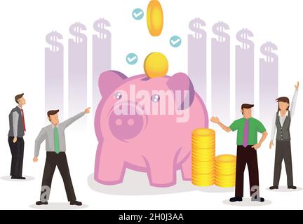 Hommes d'affaires avec des pièces de monnaie mettant dans une banque de piggy, le concept d'économiser de l'argent et d'économiser de l'argent pour l'avenir de l'entreprise.Illustration Vetor. Illustration de Vecteur