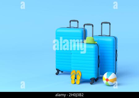 Valise avec ballon de plage et tongs sur fond bleu. Banque D'Images