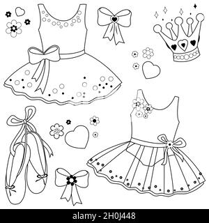 Collection de jolies ballerines danseuses, chaussures de ballet, rubans, couronnes et fleurs.Page de couleur noir et blanc Banque D'Images