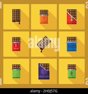 barre de chocolat, chocolat noir dans le paquet, sucreries, divers délicieux bonbons pour la boutique, ensemble de différents chocolat avec une ombre longue, plat desi Illustration de Vecteur