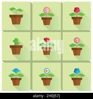 fleur dans un pot, plante de maison dans le pot, fleurs de printemps, diverses plantes plates, ensemble de différents pots de fleurs avec une ombre longue, serre, icônes de la nature Illustration de Vecteur