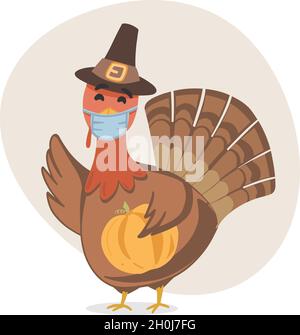 Dinde de Thanksgiving portant un masque facial pendant la cuisson.Adorable dinde pour livre pour enfants.Arrière-plan d'automne avec des feuilles tombant et le ton de la terre col Illustration de Vecteur