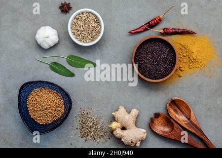 Un assortiment d'épices Gingembre, graines de fenouil, feuilles de sauge, thym séché, l'ail, l'anis étoilé, la poudre de curry, le piment et le fenugrec setup sur fond de béton. Banque D'Images