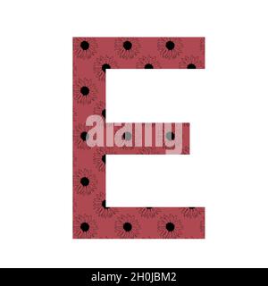 Lettre E de l'alphabet avec un motif de tournesols sur fond rose foncé, isolé sur fond blanc Banque D'Images