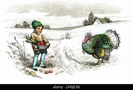 Illustration vintage d'une carte postale sur le thème de Thanksgiving d'une dinde et d'un enfant avec un panier Banque D'Images