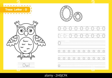 Tracez la lettre O en majuscules et en minuscules.Feuille de travail préscolaire de pratique de traçage d'alphabet pour les enfants apprenant l'anglais avec mignon animal de dessin animé.Colorier Illustration de Vecteur