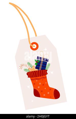 Noël étiquettes mignonnes.Étiquettes avec chaussette de Noël avec cadeaux, pain d'épice et caramel.Illustration vectorielle Illustration de Vecteur