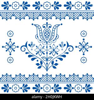 Motif floral folk vector sans couture avec fleurs et cadre, carte de vœux, imprimé textile ou tissu avec fleurs inspirées par la dentelle et les pierres Illustration de Vecteur