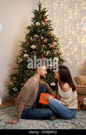 Deux gaies adorable doux tendre belle adorable mignon romantique marié époux et épouse se repliant près de sapin dans la maison contenant des boîtes-cadeaux Banque D'Images