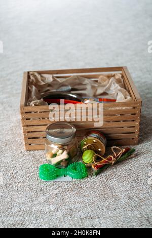 Boîte de souscription pour chiens et chats.Abonnement à la boîte pour animaux avec friandises biologiques, jouet amusant, bâtonnets Bully, produits à mâcher naturels, produits de soin pour la peau ou bien-être Banque D'Images