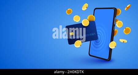 Application bancaire mobile et paiement électronique.Paiement par téléphone intelligent par carte de crédit via le portefeuille de téléphone électronique.Services bancaires en ligne.Achats par téléphone et carte connectée.Illustration vectorielle Illustration de Vecteur