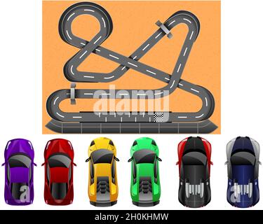 Voitures de course brillantes réalistes vue du dessus et circuit de course.Arrière-plan de l'illustration vectorielle Illustration de Vecteur