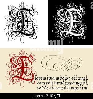 Lettre gothique décorative E. uncial Fraktur calligraphie.Vector EPS-8 séparé par des groupes et des calques pour une édition facile. Illustration de Vecteur