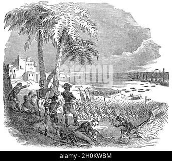 Illustration de la fin du XIXe siècle de l'atterrissage des troupes de Napoléon près d'Alexandrie en 1798.La campagne française en Égypte et en Syrie (1798-1801) était la campagne de Bonaparte dans les territoires ottomans d'Égypte et de Syrie, proclamée pour défendre les intérêts commerciaux français,Établir une entreprise scientifique dans la région et finalement rejoindre les forces du dirigeant indien Tipu Sultan et éloigner les Britanniques du sous-continent indien. Banque D'Images