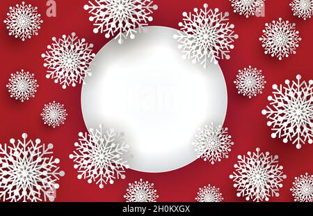 Illustration vectorielle de Noël en arrière-plan de style coupe de papier.Bannière rouge de Noël en forme de flocon de neige. Illustration de Vecteur