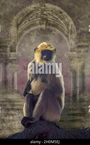 Singe Langur assis sur un rocher avec fond de temple Banque D'Images