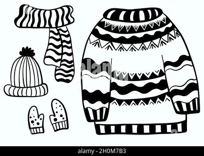 ensemble de gribouillages dessinés à la main.Vêtements tricotés d'hiver - chandail de Noël, chapeau, écharpe et gants.Illustration vectorielle.Dessin graphique noir pour la conception, de Illustration de Vecteur