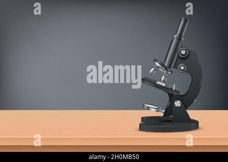 Vector 3d réaliste Noir microscope de laboratoire sur la table en bois contre l'école Blackboard fond.Chimie, outil de biologie.Science, laboratoire Illustration de Vecteur