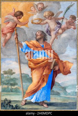 ROME, ITALIE - 27 AOÛT 2021 : la fresque principale de l'autel de l'apôtre Saint-Jacques le plus grand dans l'église Chiesa di San Giacomo alla Lungara Banque D'Images