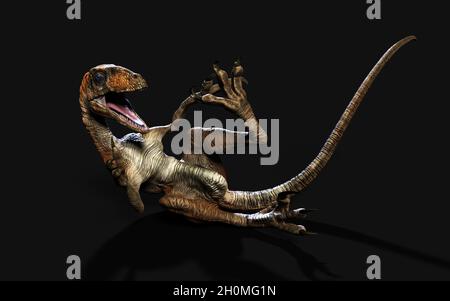 illustration 3d pose de deinonychus antirrhopus les dinosaures les plus emblématiques et représentatifs sur fond sombre avec chemin de coupure. Concept de dinosaures. Banque D'Images