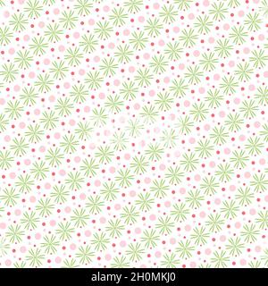 Motif sans couture avec points roses et fleurs vertes sur fond blanc. Banque D'Images